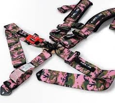 Lunaticsco NRG 5-point racing harness in pink camo with heavy-duty latch link buckle and 3-inch polyester straps.