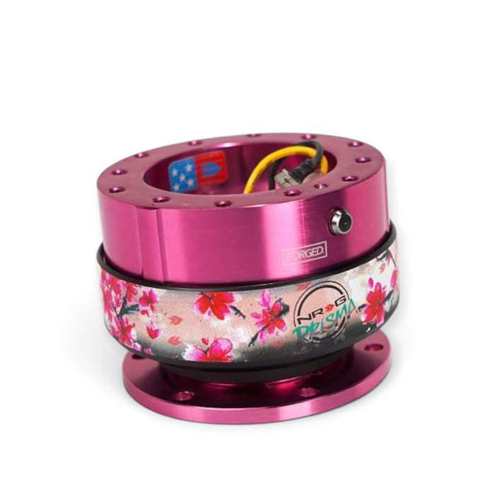Lunaticsco NRG Gen 2.0 quick release with pink anodized aluminum body and decorative sakura floral pattern ring