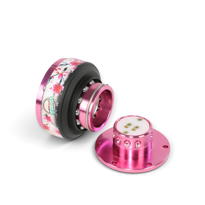Lunaticsco NRG Gen 2.0 quick release with pink body and sakura floral pattern ring for aftermarket steering wheels