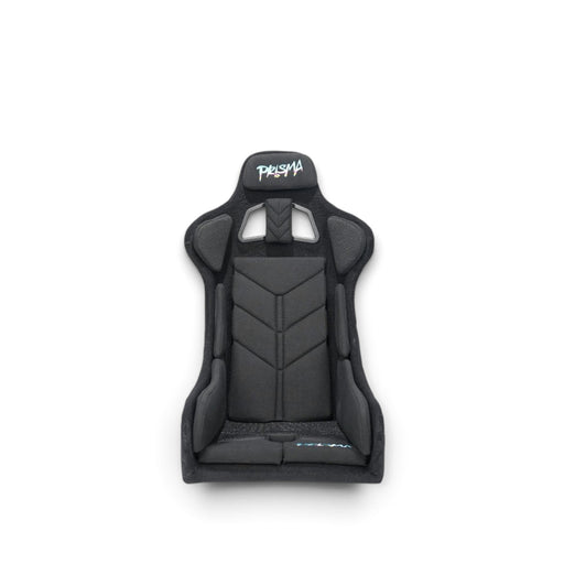 Lunaticsco NRG PRISMA black Alcantara racing bucket seat with 5-point harness compatibility and deep side bolsters.