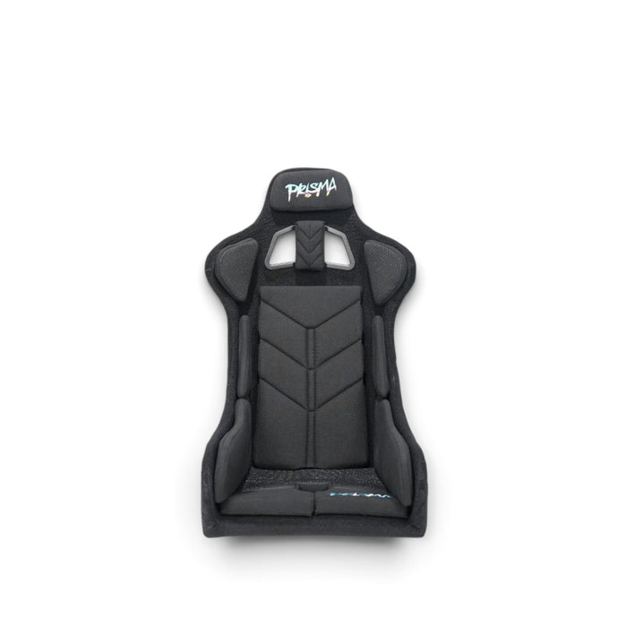 Lunaticsco NRG PRISMA black Alcantara racing bucket seat with 5-point harness compatibility and deep side bolsters.