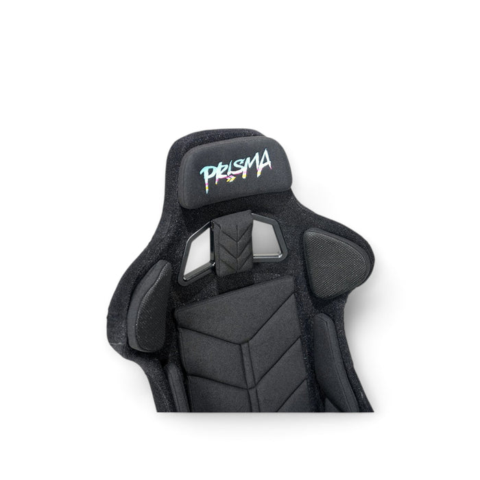 Lunaticsco NRG PRISMA black Alcantara racing bucket seat with embroidered headrest logo and harness pass-throughs