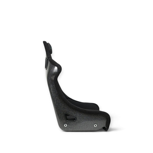 Lunaticsco NRG PRISMA black Alcantara racing bucket seat with a glitter-flake FRP shell, side profile view.