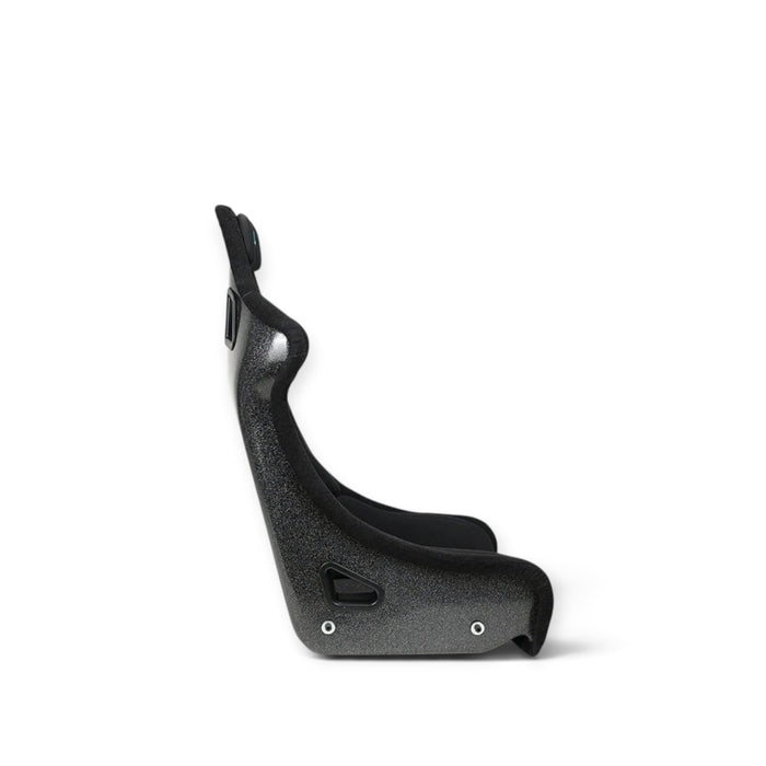 Lunaticsco NRG PRISMA black Alcantara racing bucket seat with a glitter-flake FRP shell, side profile view.