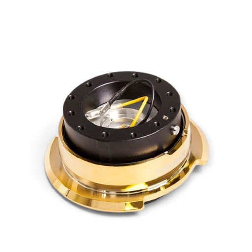 Lunaticsco NRG Gen 2.8 quick release steering wheel hub in black and chrome gold with diamond-cut paddle extension