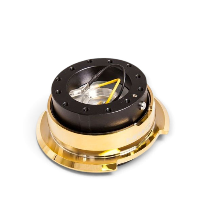 Lunaticsco NRG Gen 2.8 quick release steering wheel hub in black and chrome gold with diamond-cut paddle extension