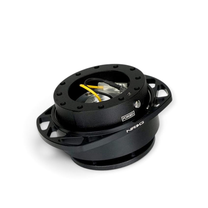 Lunaticsco NRG Gen 2.5 quick release steering wheel hub in black aluminum with a self-locking ball-and-lock mechanism.