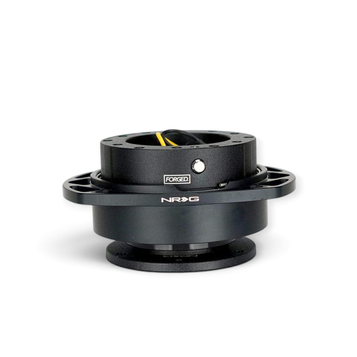Lunaticsco NRG Gen 2.5 quick release steering wheel hub in black anodized aircraft-grade aluminum with safety pin.