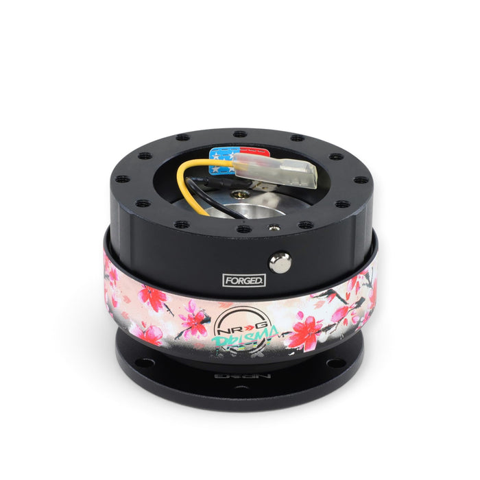 Lunaticsco NRG Gen 2.0 quick release with black aluminum body and decorative sakura floral pattern ring