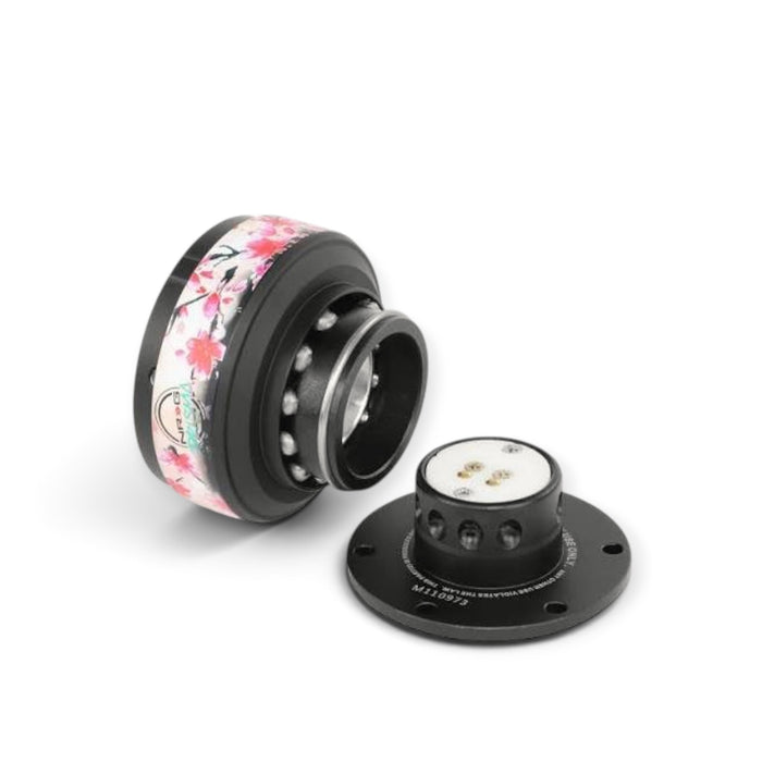 Lunaticsco NRG Gen 2.0 quick release with black body and sakura floral pattern ring for aftermarket steering wheels