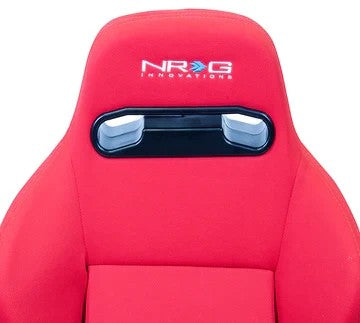 Lunaticsco NRG Type-R style red cloth racing seat with black harness pass-through and embroidered NRG logo