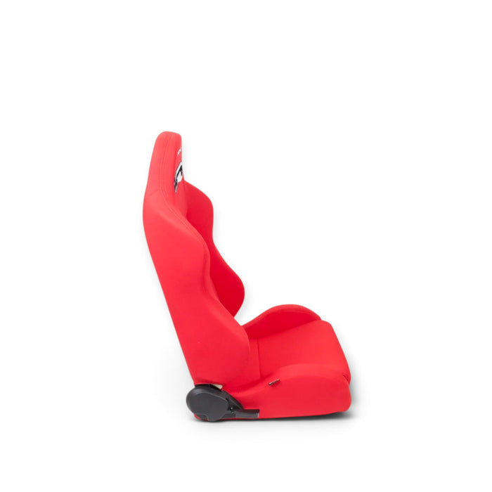 Lunaticsco NRG Type-R style red cloth reclining bucket seat with lateral bolstering and side adjustment lever