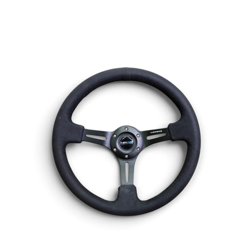 Lunaticsco NRG reinforced 350mm steering wheel in black alcantara with solid double-riveted spokes and horn button