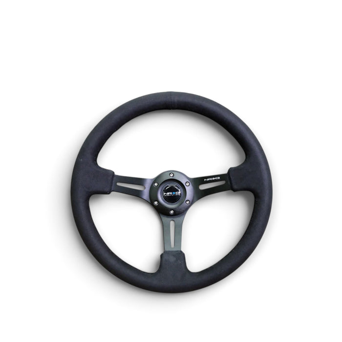 Lunaticsco NRG reinforced 350mm steering wheel in black alcantara with solid double-riveted spokes and horn button