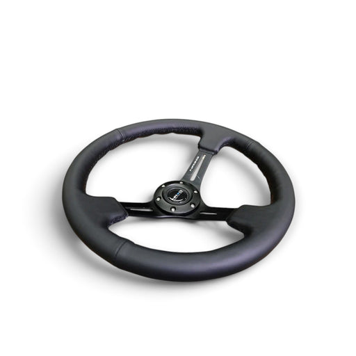 Lunaticsco NRG reinforced 350mm deep dish steering wheel in black leather with solid spokes and black stitching