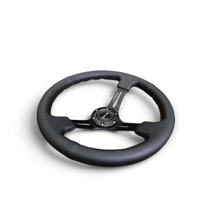 Lunaticsco NRG reinforced 350mm deep dish steering wheel in black leather with solid spokes and black stitching