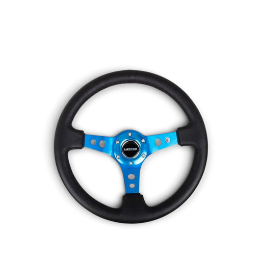 Lunaticsco NRG reinforced 350mm deep dish steering wheel with black leather grip and blue cutout spokes