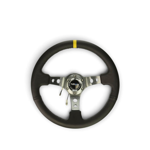 Lunaticsco NRG reinforced 350mm black leather steering wheel with gunmetal spokes and yellow center marker