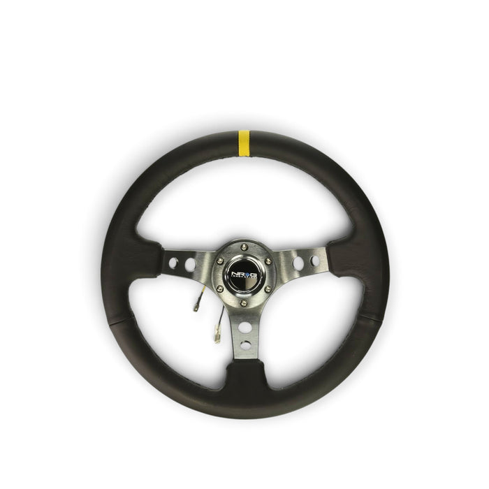 Lunaticsco NRG reinforced 350mm black leather steering wheel with gunmetal spokes and yellow center marker