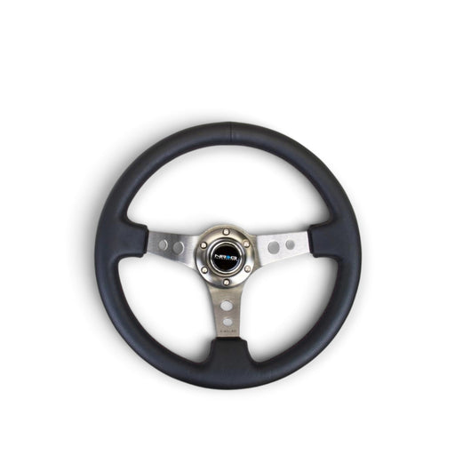 Lunaticsco NRG reinforced 350mm black leather steering wheel with gunmetal spokes and center horn button
