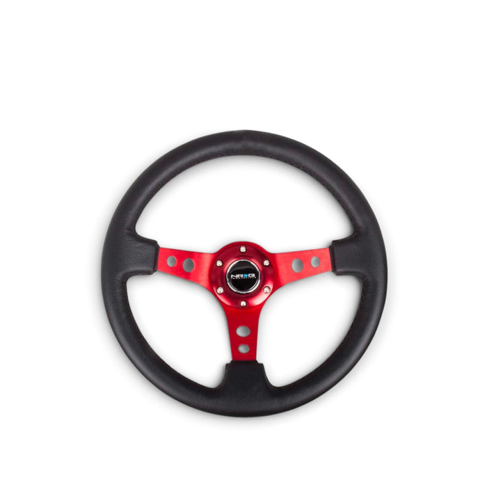 Lunaticsco NRG reinforced 350mm deep dish steering wheel with black leather grip and red circle cutout spokes