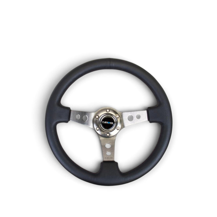 Lunaticsco NRG reinforced 350mm black leather steering wheel with gunmetal spokes and center horn button
