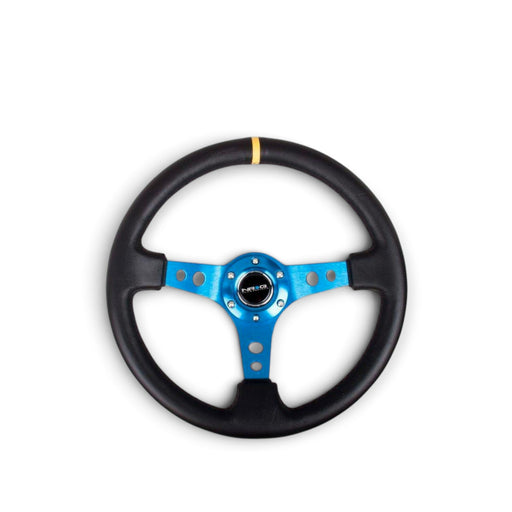 Lunaticsco NRG reinforced 350mm deep dish steering wheel with black leather grip, blue spokes, and yellow center mark.