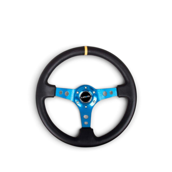 Lunaticsco NRG reinforced 350mm deep dish steering wheel with black leather grip, blue spokes, and yellow center mark.