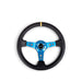 Lunaticsco NRG reinforced 350mm deep dish steering wheel with black leather grip, blue spokes, and yellow center mark.