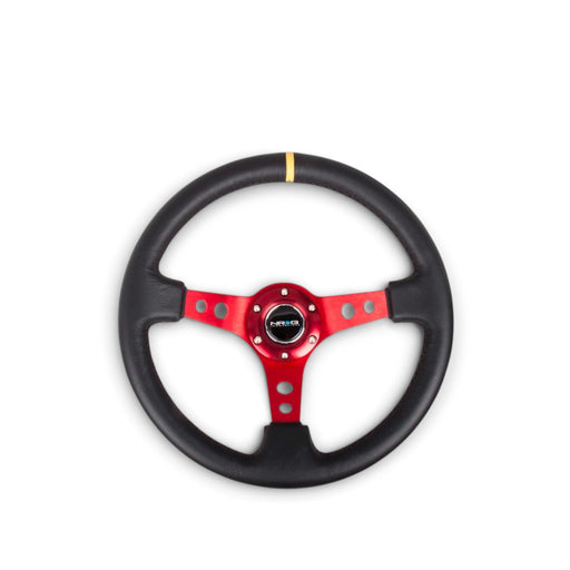 Lunaticsco NRG reinforced steering wheel with black leather, red double-riveted spokes, and yellow center mark.