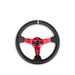 Lunaticsco NRG reinforced steering wheel with black leather, red double-riveted spokes, and yellow center mark.