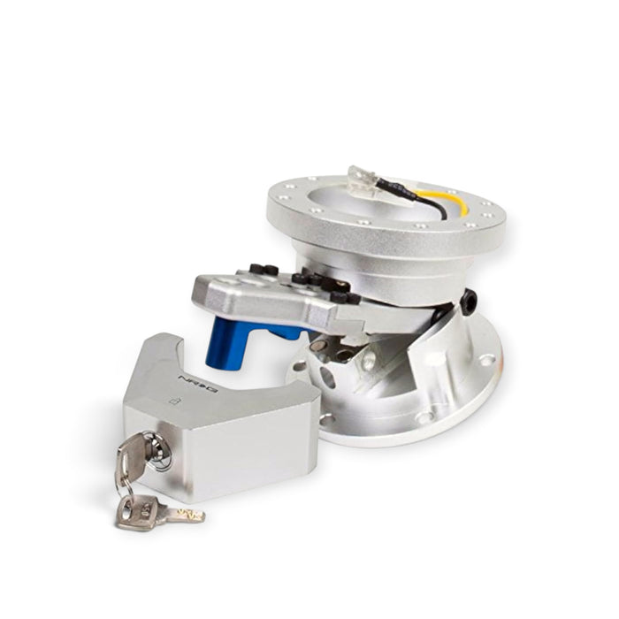 Lunaticsco NRG silver steering wheel quick tilt system with locking mechanism and key for easy vehicle entry and exit