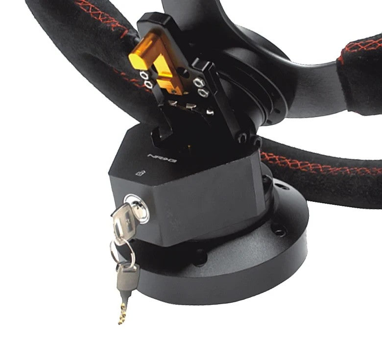 Lunaticsco NRG black steering wheel quick tilt system with locking mechanism and key for easy cockpit entry