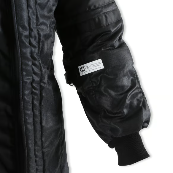 LunaticsCo RaceQuip black Nomex-blend SFI-20 racing jacket sleeve with SFI certification tag and ribbed cuff