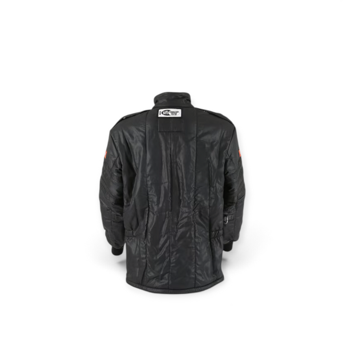 Back view of a black RaceQuip SFI-20 Nomex racing jacket with SFI certification tag by LunaticsCo