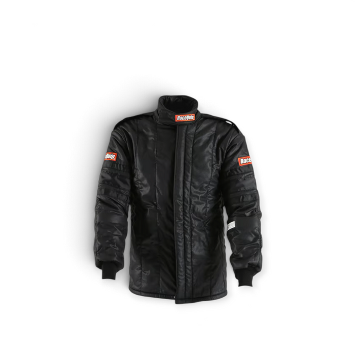LunaticsCo RaceQuip black SFI-20 multi-layer Nomex-blend racing jacket with high collar and protective fire rating.