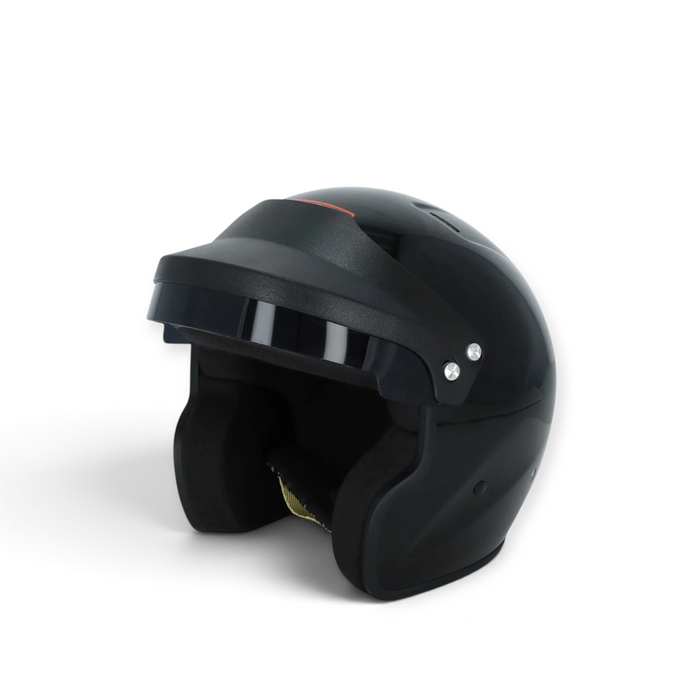 LunaticsCo RaceQuip OF25 open face racing helmet in gloss black with Snell SA2025 certification.