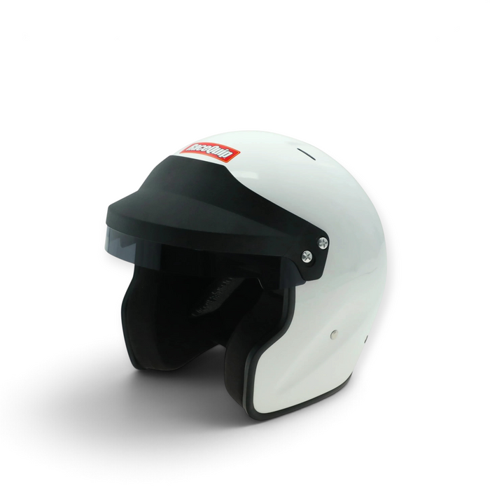 LunaticsCo RaceQuip OF25 white open face racing helmet with black visor and Snell SA2025 safety certification