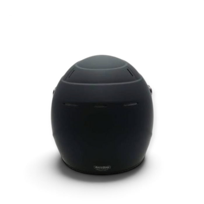 LunaticsCo RaceQuip PRO25 full face racing helmet in flat black with Snell SA2025 certification, rear view.