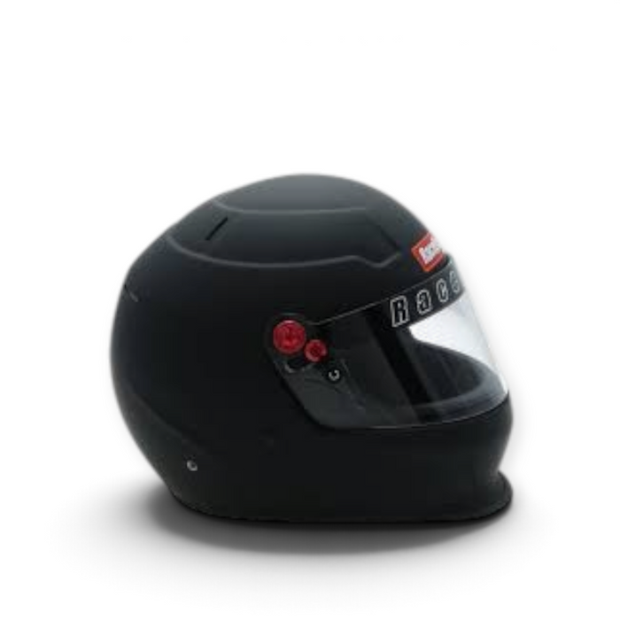 LunaticsCo RaceQuip PRO25 full face racing helmet in flat black with a clear polycarbonate shield, Snell SA2025 rated.