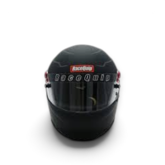 LunaticsCo RaceQuip PRO25 full face racing helmet in flat black with Snell SA2025 certification and clear visor.