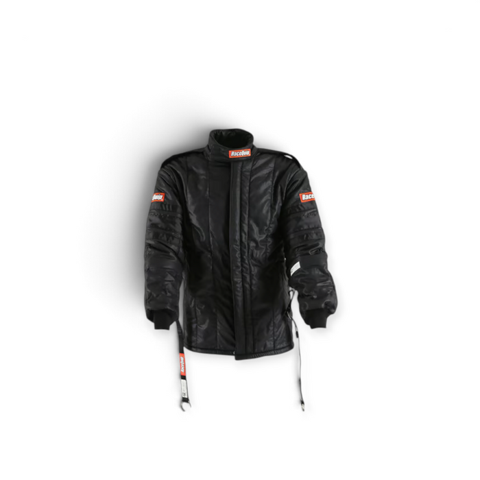 LunaticsCo black RaceQuip SFI-20 racing jacket featuring multi-layer Nomex-blend fabric and protective collar.