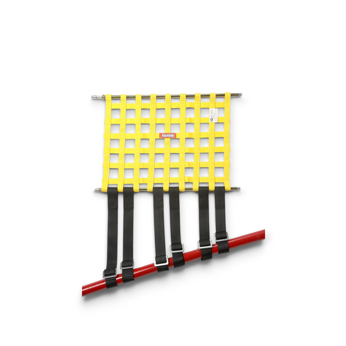 LunaticsCo RaceQuip yellow window net with black strap-on bottom bar mount kit attached to a red roll cage bar