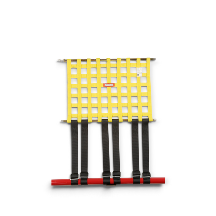 LunaticsCo RaceQuip yellow window net with black strap-on bottom bar mount kit for roll cage installation