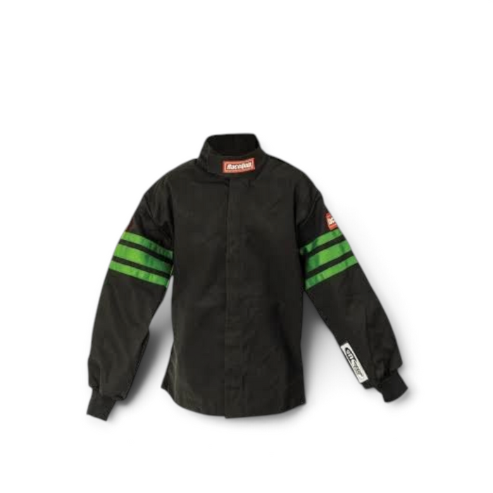LunaticsCo RaceQuip youth SFI-1 racing jacket in black with green sleeve stripes and protective Nomex-blend fabric.