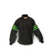 LunaticsCo RaceQuip youth SFI-1 racing jacket in black with green sleeve stripes and protective Nomex-blend fabric.