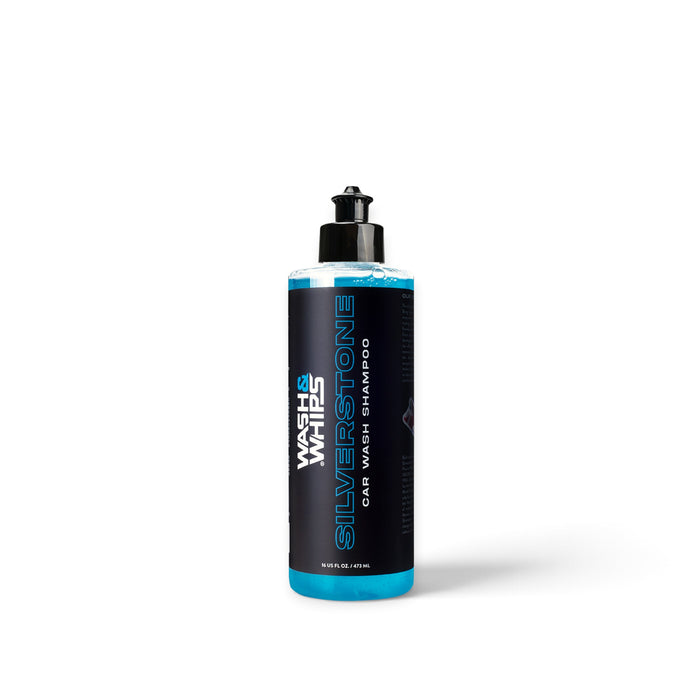 Lunaticsco WASH&WHIPS Silverstone car wash shampoo bottle with blue liquid and black cap on a white background.