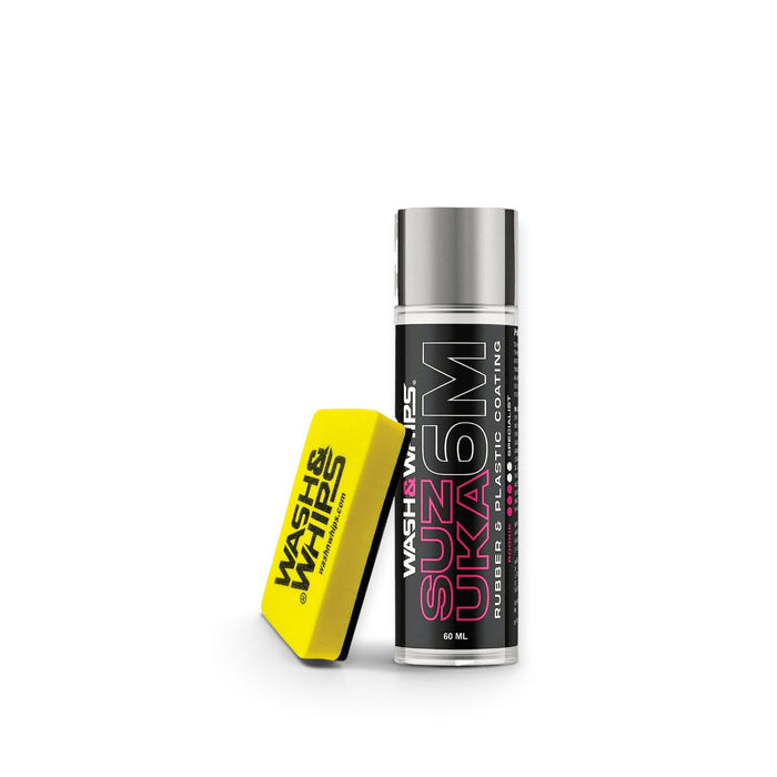 Lunaticsco WASH&WHIPS Suzuka 6M rubber and plastic coating bottle with a yellow applicator sponge on a white background
