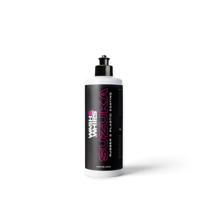 Lunaticsco WASH&WHIPS Suzuka rubber and plastic trim restorer bottle with black label and pink text on white background