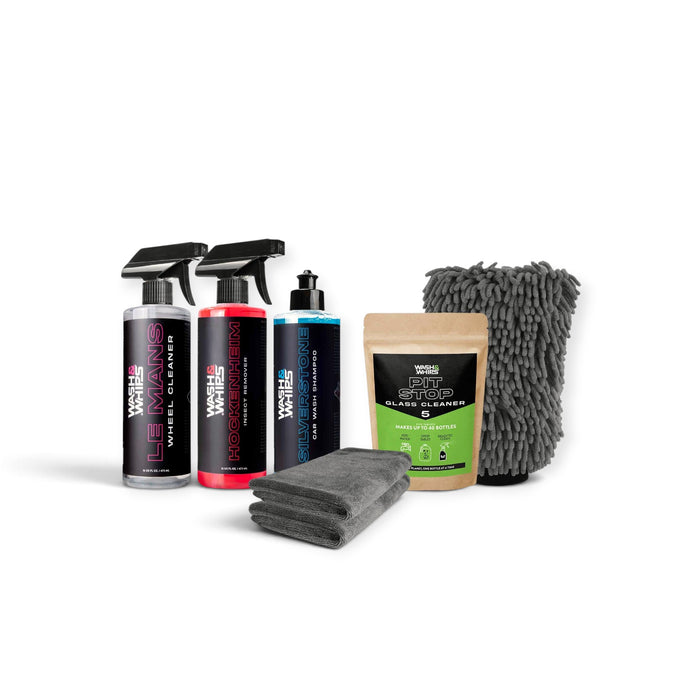Lunaticsco WASH&WHIPS car care kit featuring cleaning sprays, shampoo, glass cleaner, microfiber towel, and wash mitt.